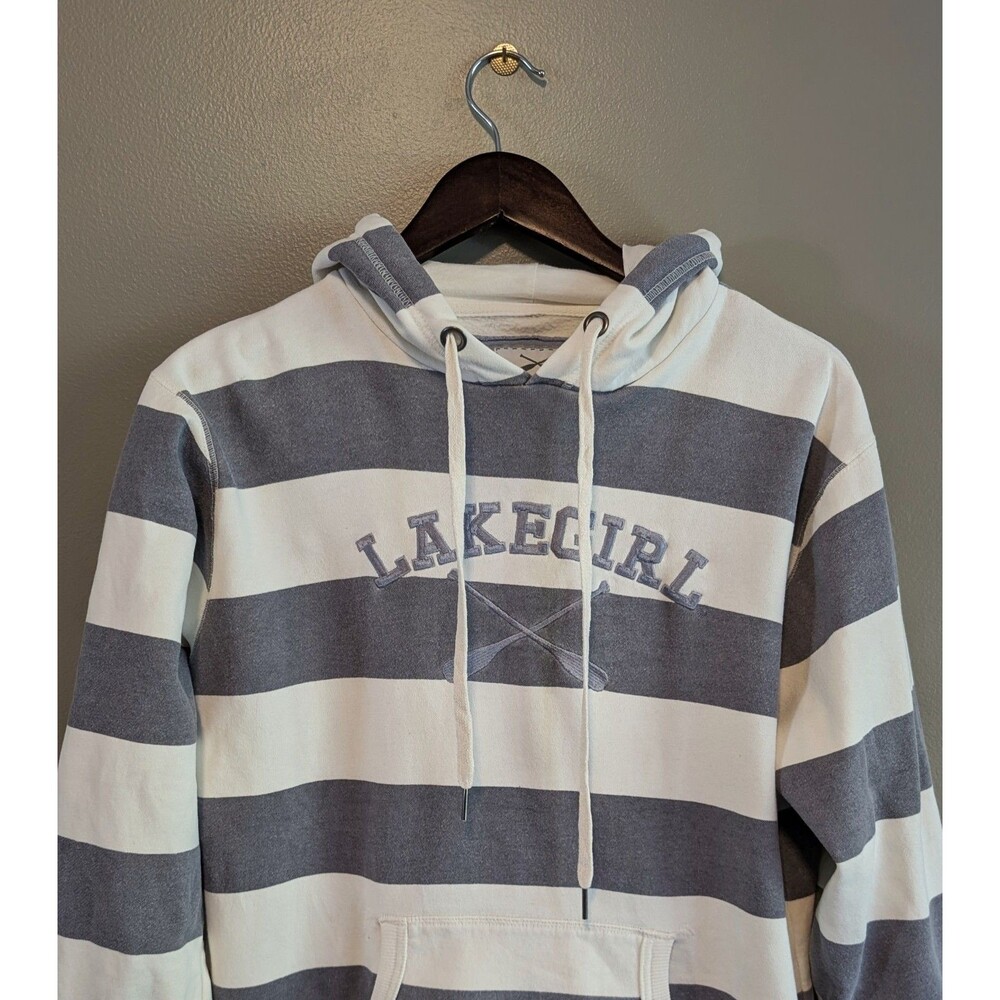 Lakegirl Stripe Hoodie Womens Medium M Embroidered Blue White Lake Life Camp Top